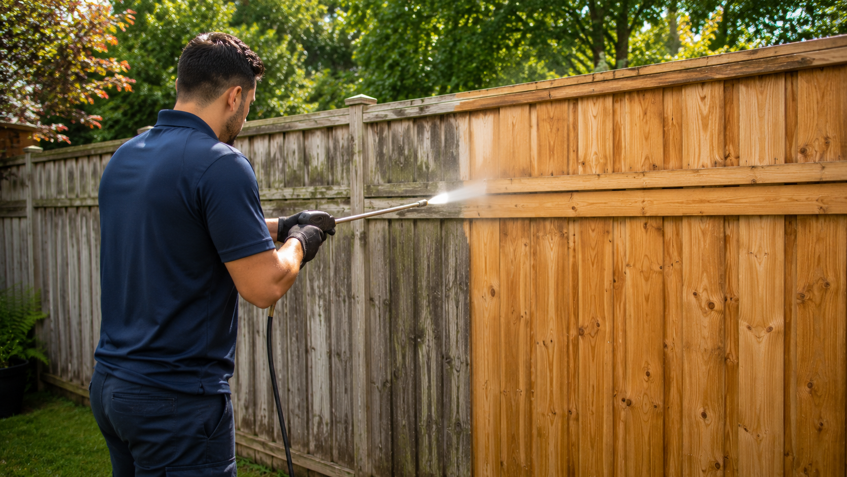 Pressure washing restores faded wood to its natural colour