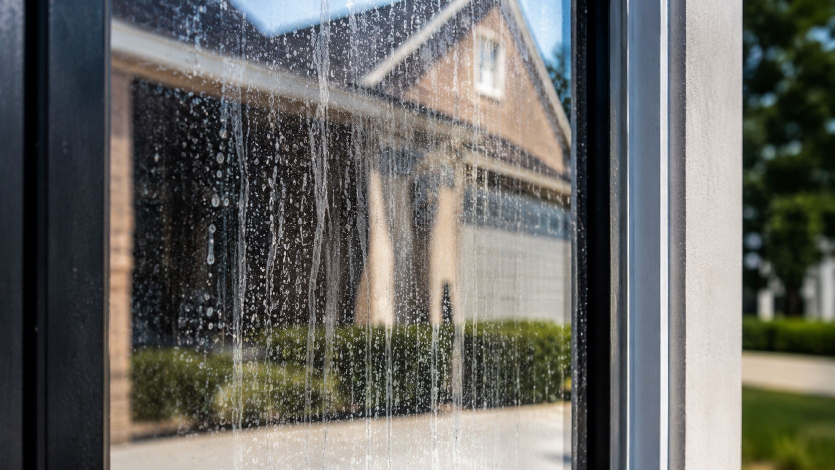 Calcium and mineral deposits left by hard water on glass