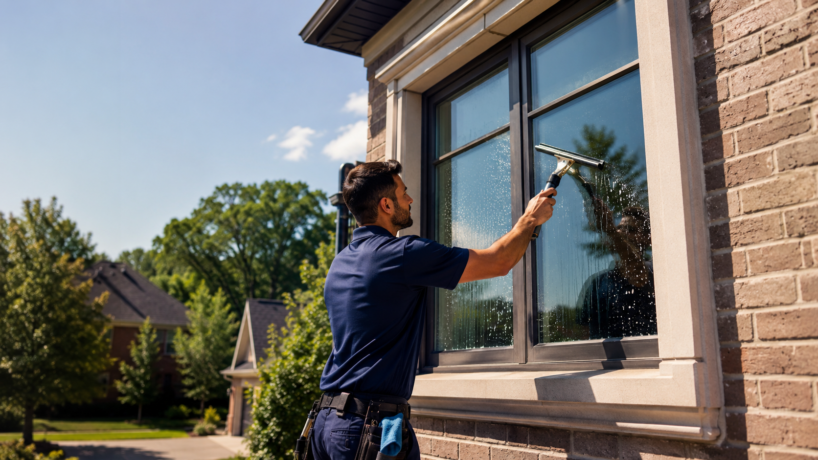 MANTLE technician cleaning exterior windows on a residential home